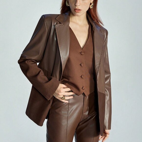 Brown Elegant Women's Style Asymmetrical Design Woven Fabric Patchwork Blazer - Picture 2 of 7